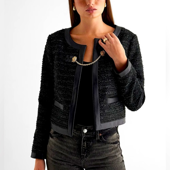 NWT Tweed Faux Leather Pieced Chain Strap Jacket - Picture 4 of 8